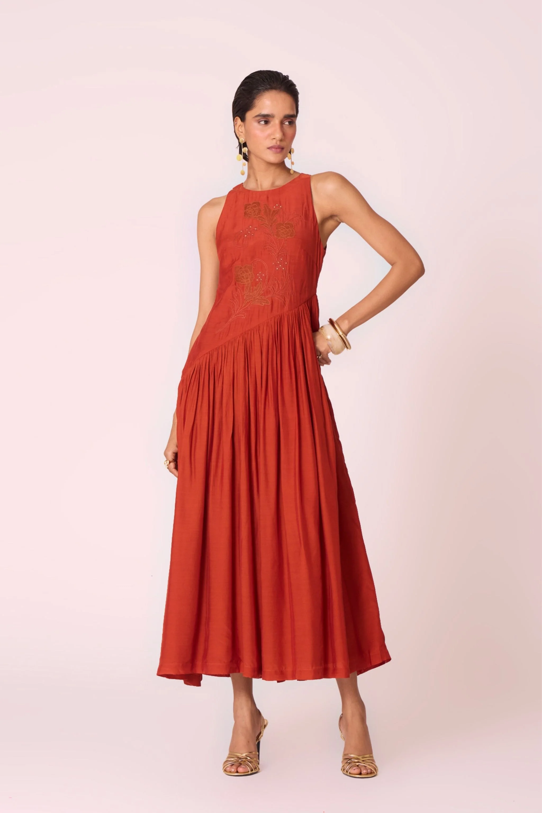 Anya Rust Embroidered Midi Dress