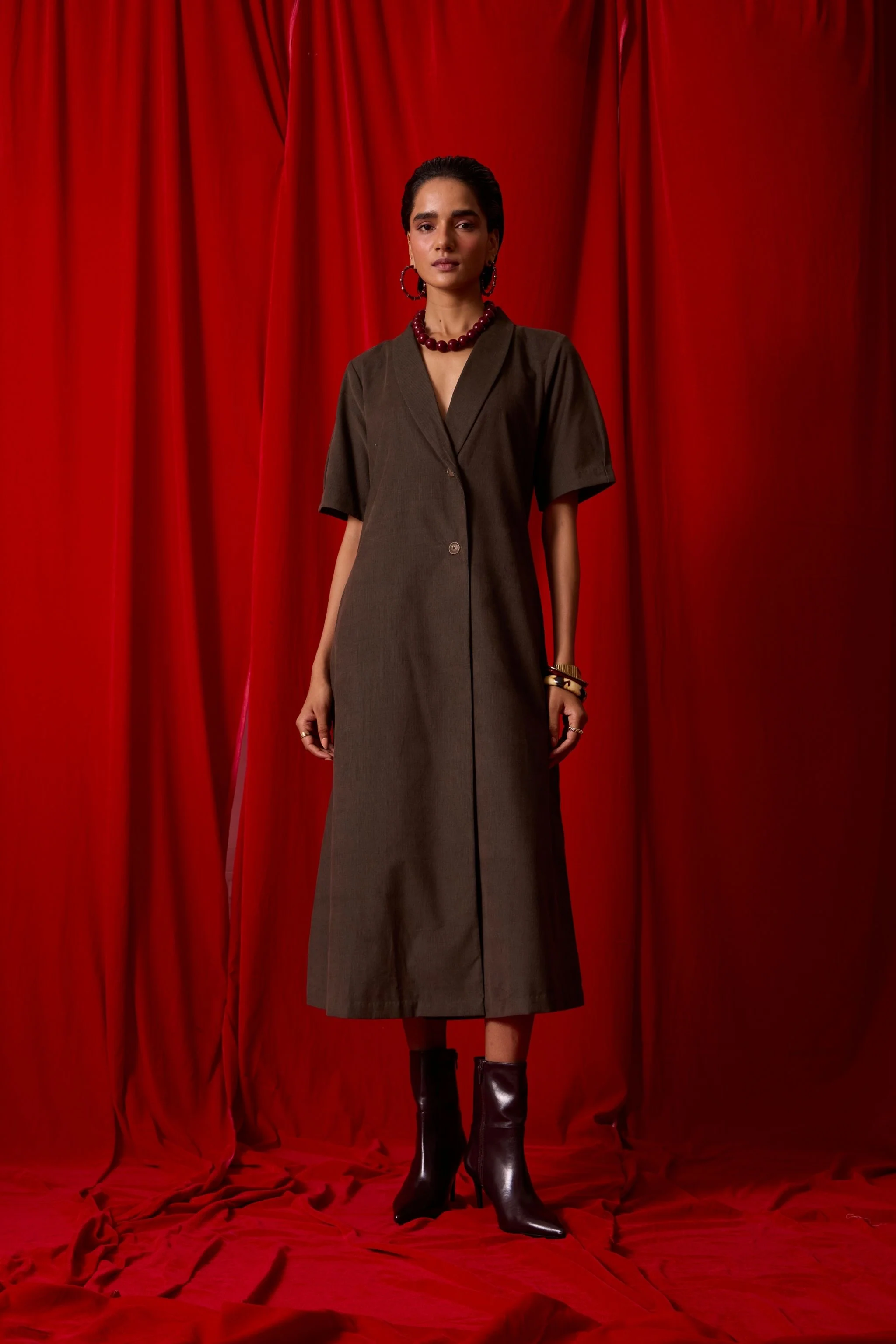 Kamen Olive Needlecord Wrap Dress