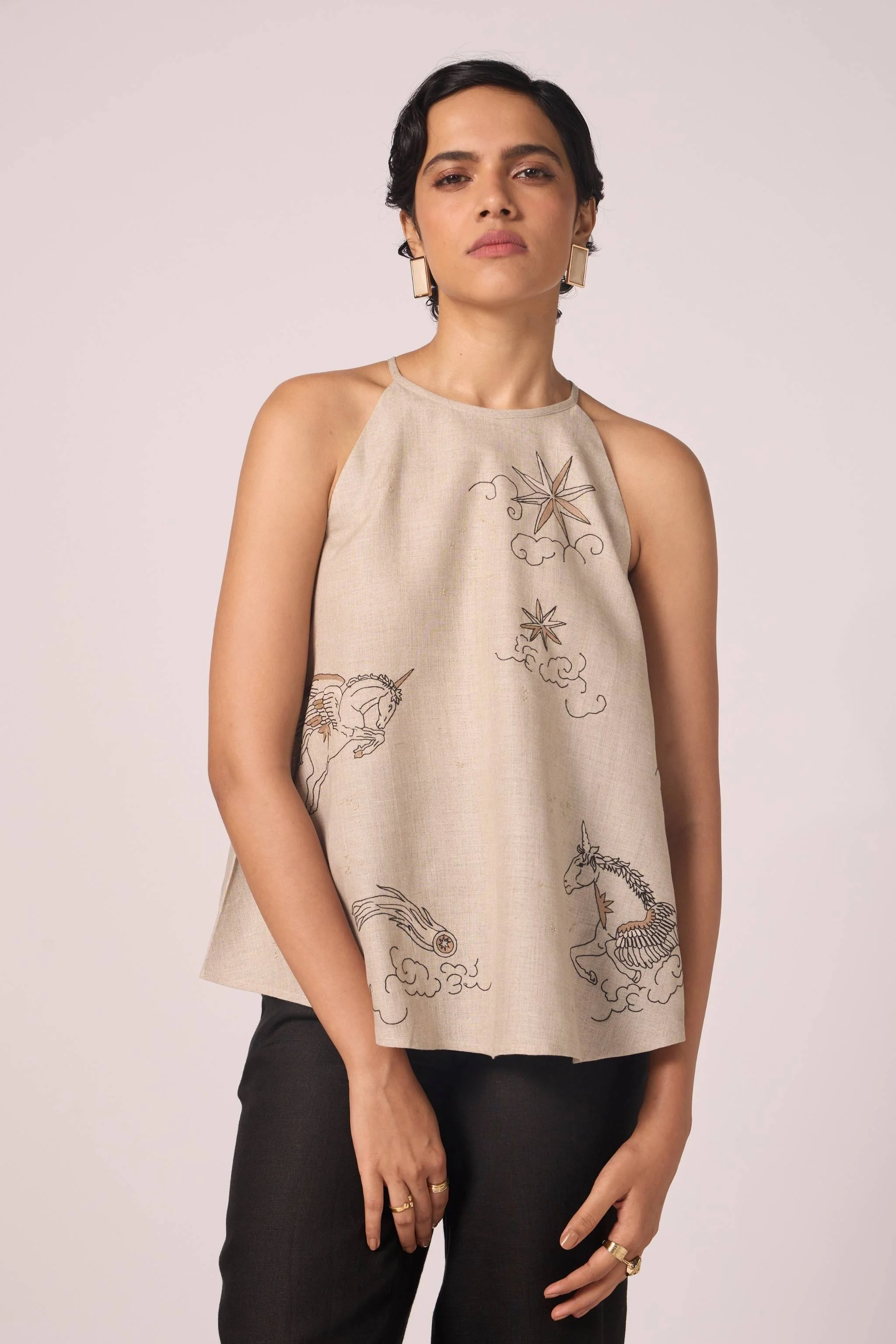 Maarah Beige Linen Halter Top