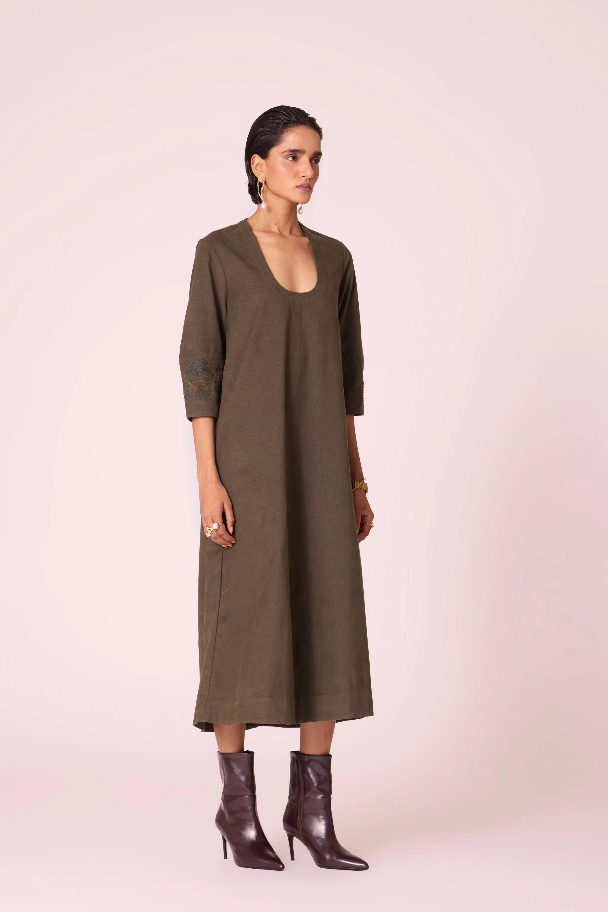 Mir Olive Needlecord Embroidered Dress - Image 3