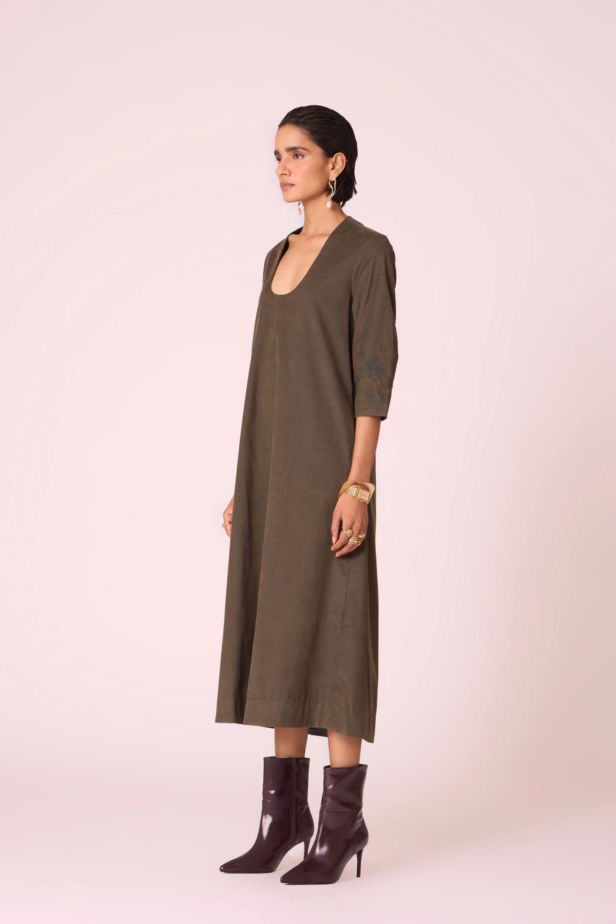 Mir Olive Needlecord Embroidered Dress - Image 4