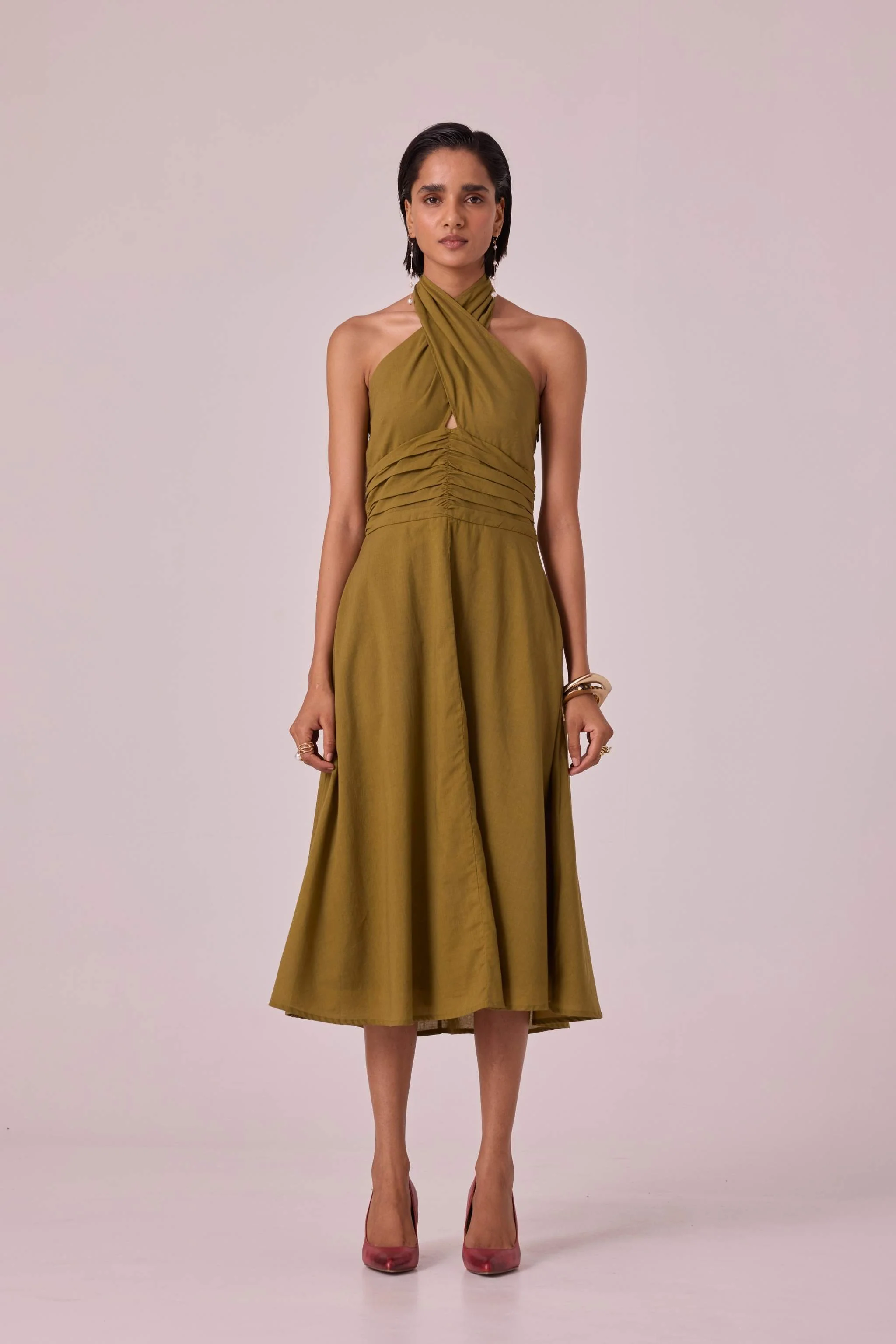 Samaria Olive Halter Dress