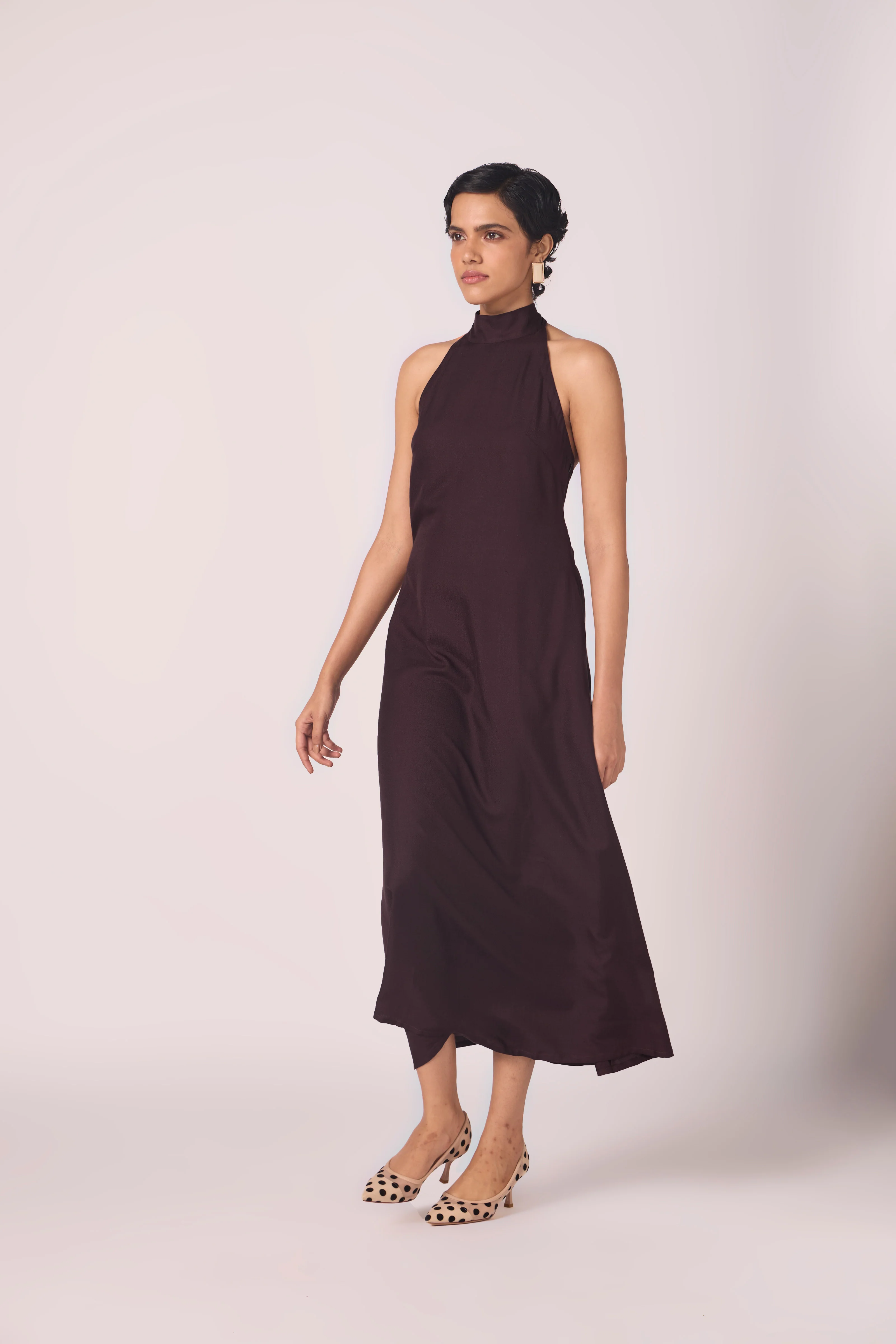 Saros Wine Silk Halter Dress - Image 3