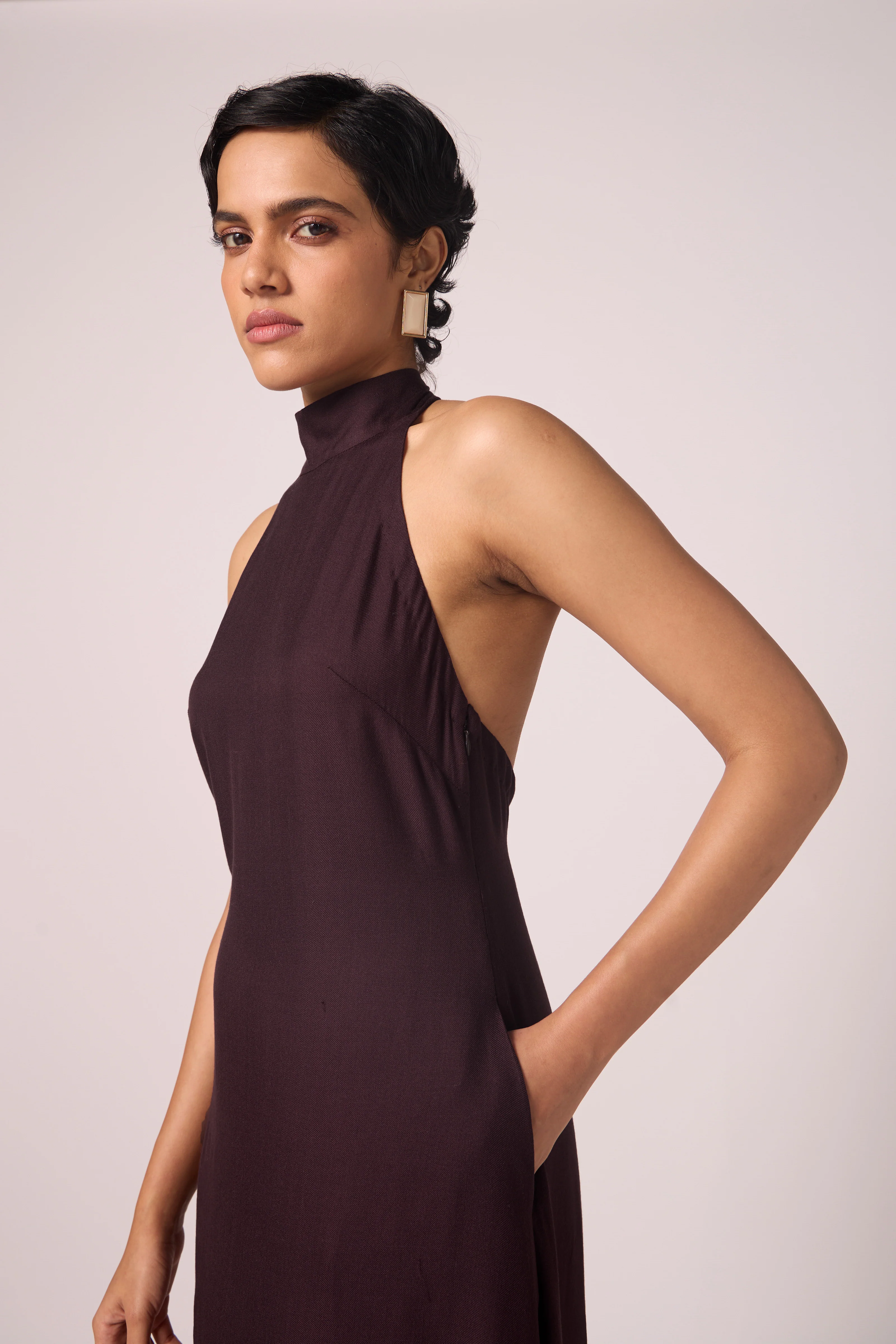 Saros Wine Silk Halter Dress - Image 5