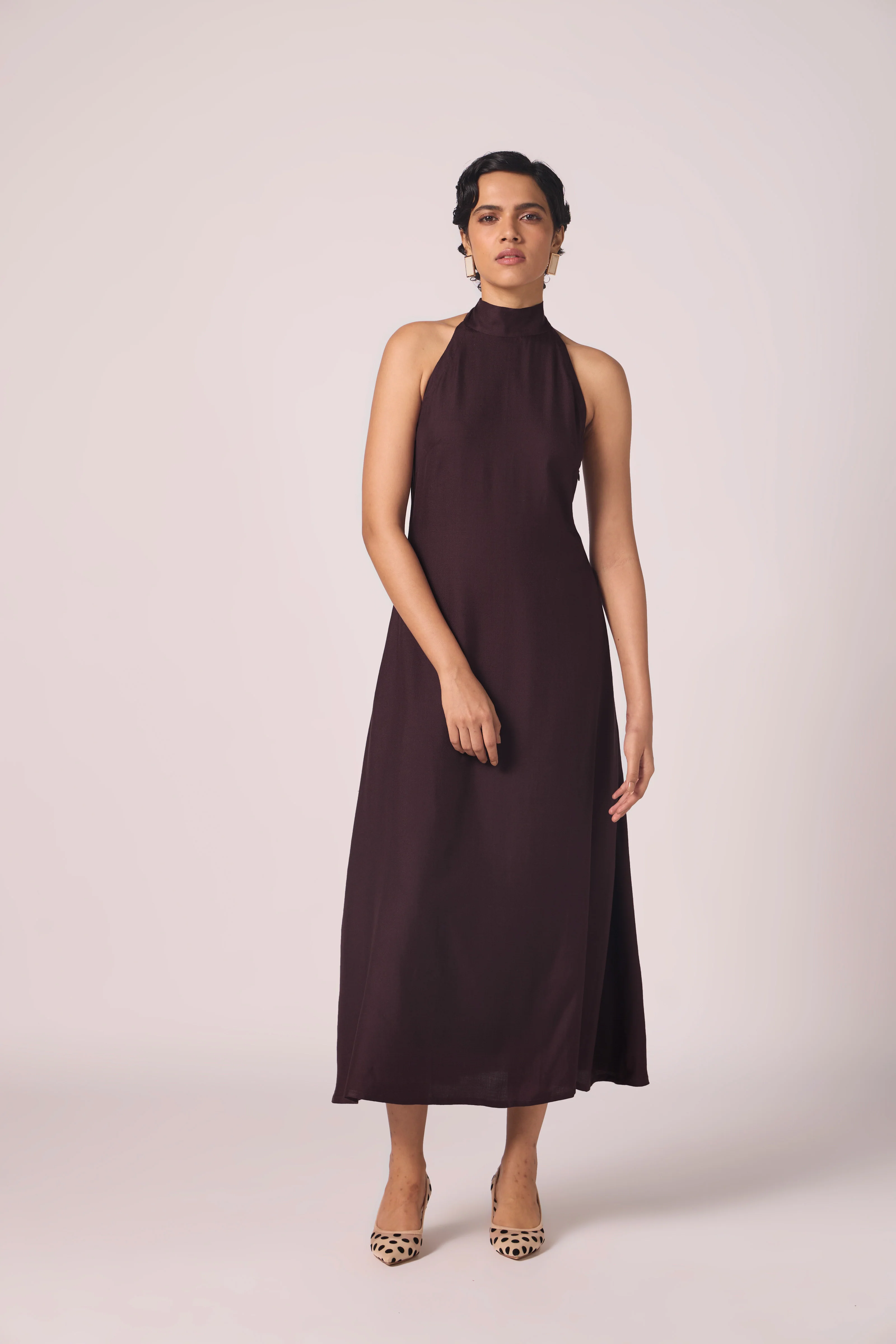 Saros Wine Silk Halter Dress - Image 9
