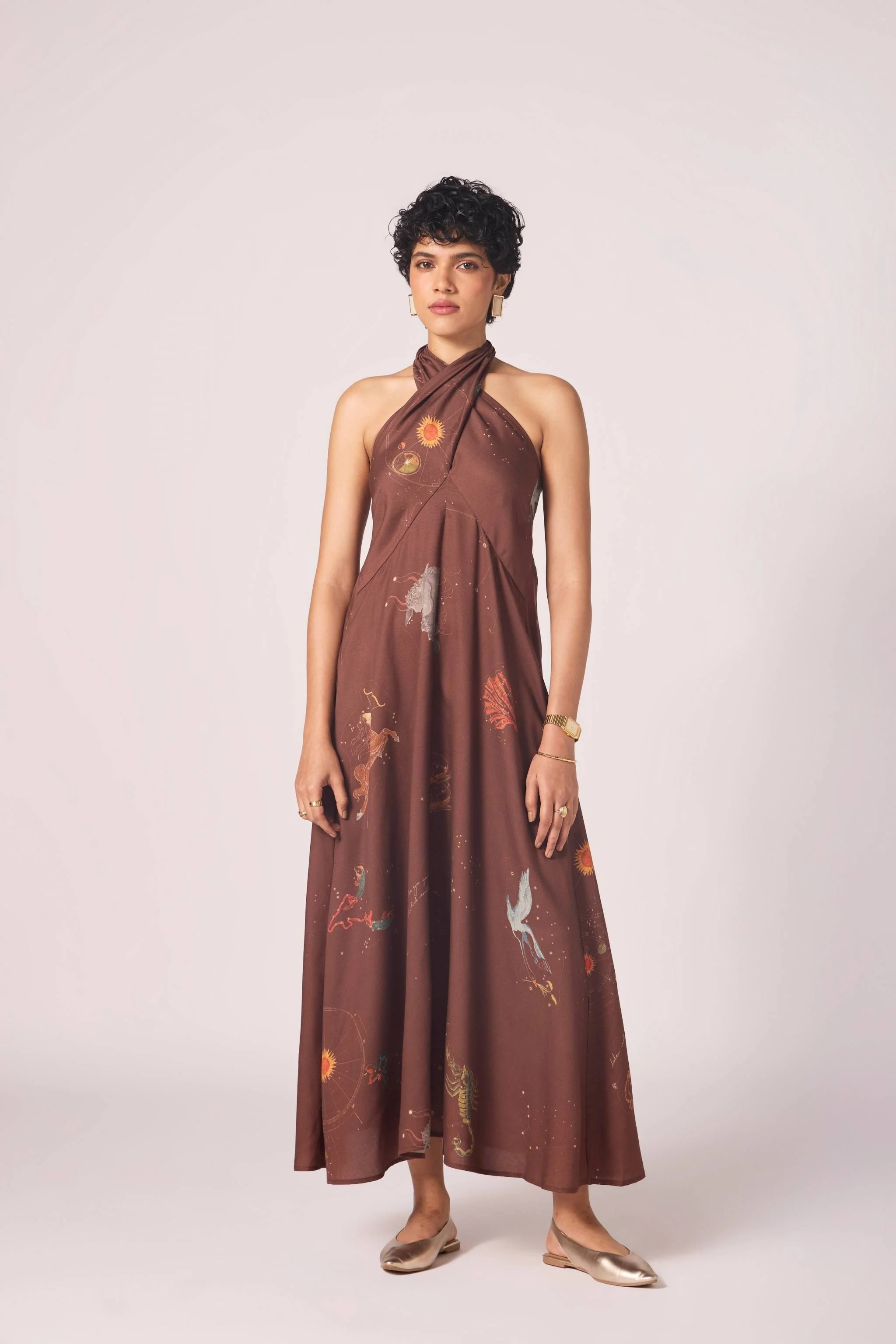 Vannam Brown Zodiac Print Halter Dress - Image 10