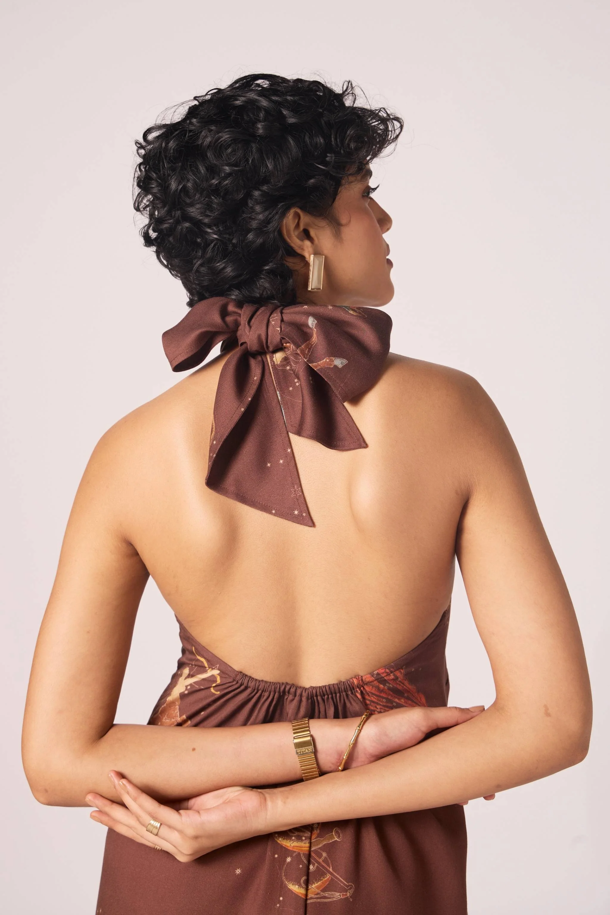 Vannam Brown Zodiac Print Halter Dress - Image 11