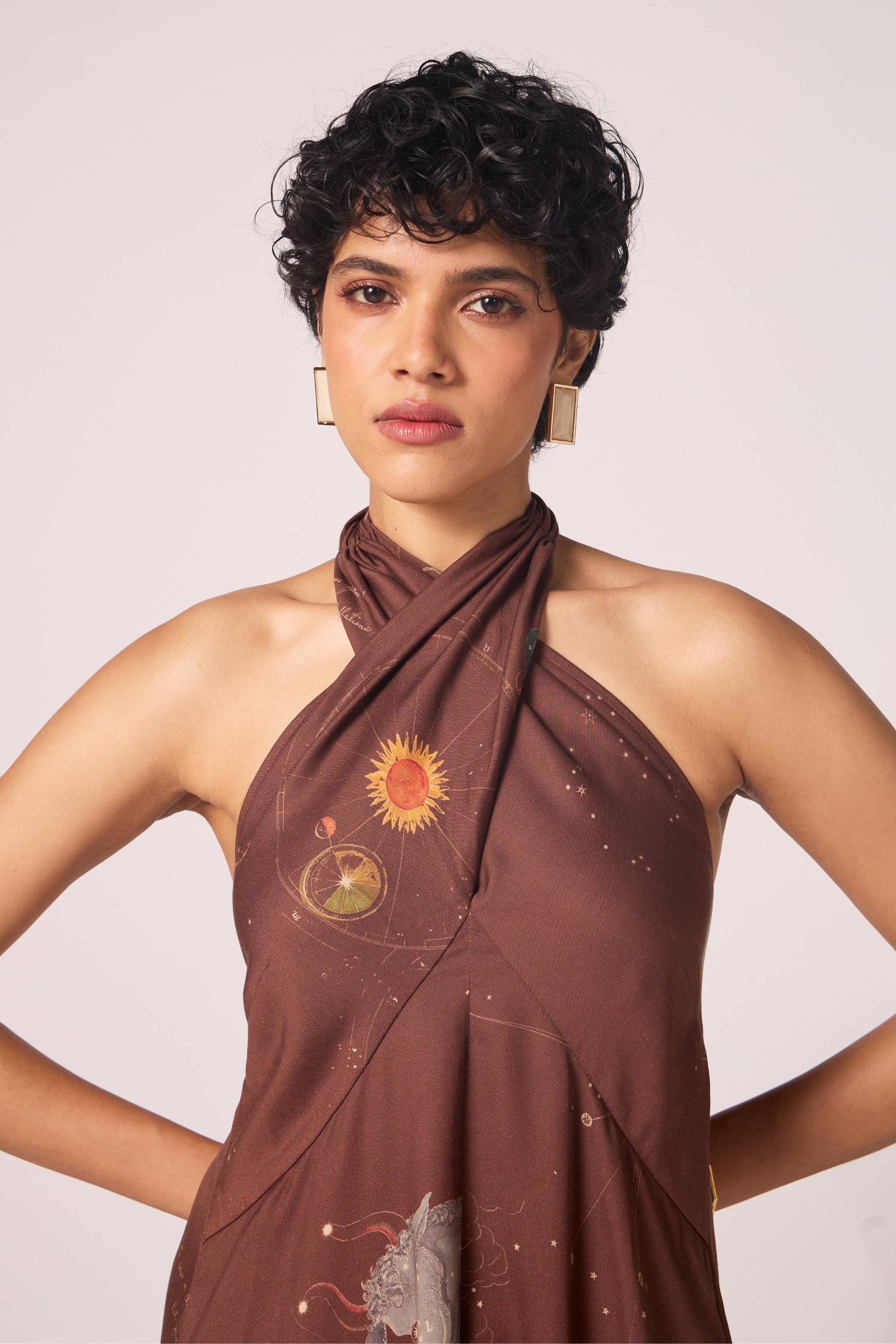 Vannam Brown Zodiac Print Halter Dress - Image 3