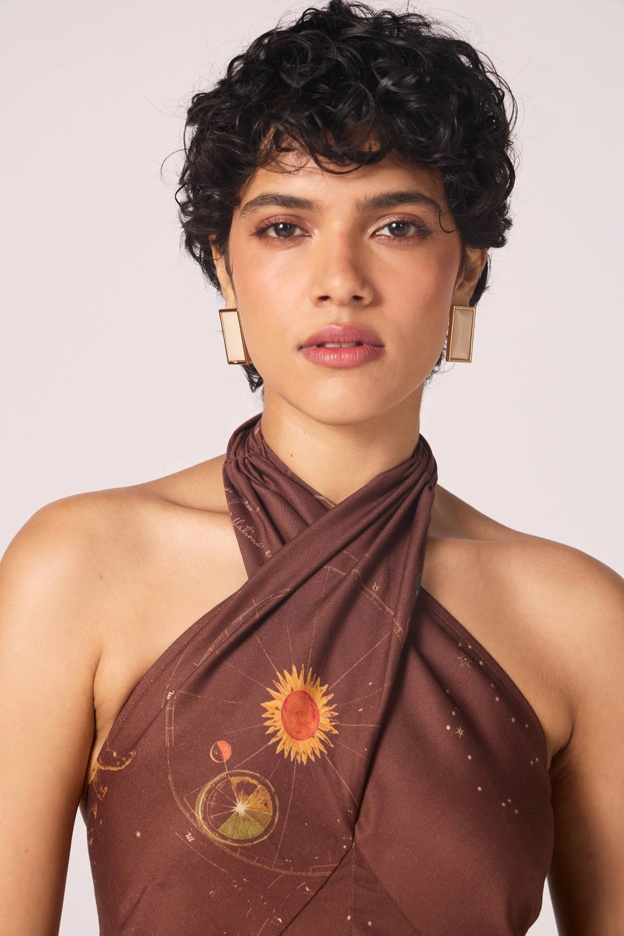 Vannam Brown Zodiac Print Halter Dress - Image 4