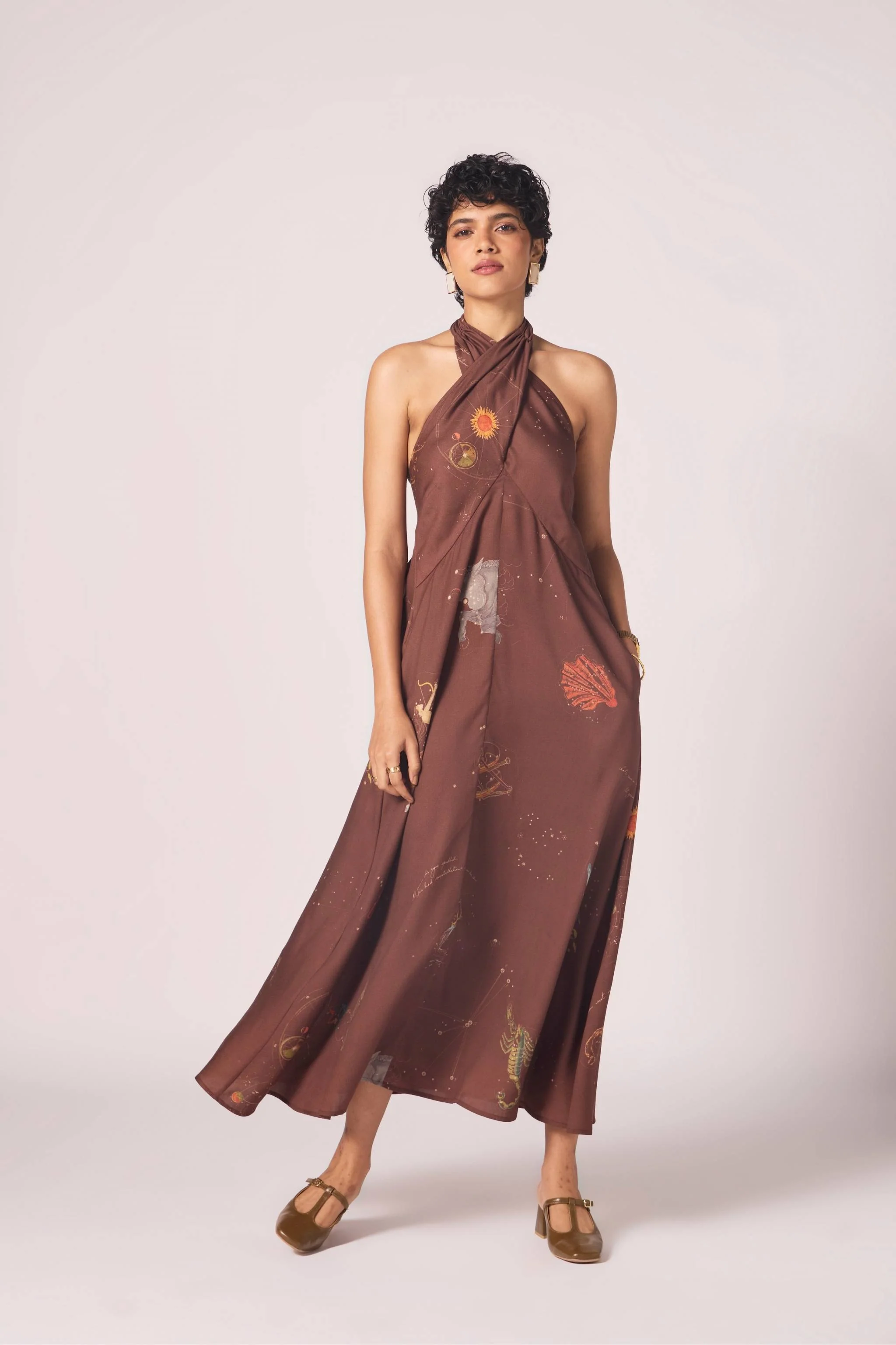 Vannam Brown Zodiac Print Halter Dress - Image 5