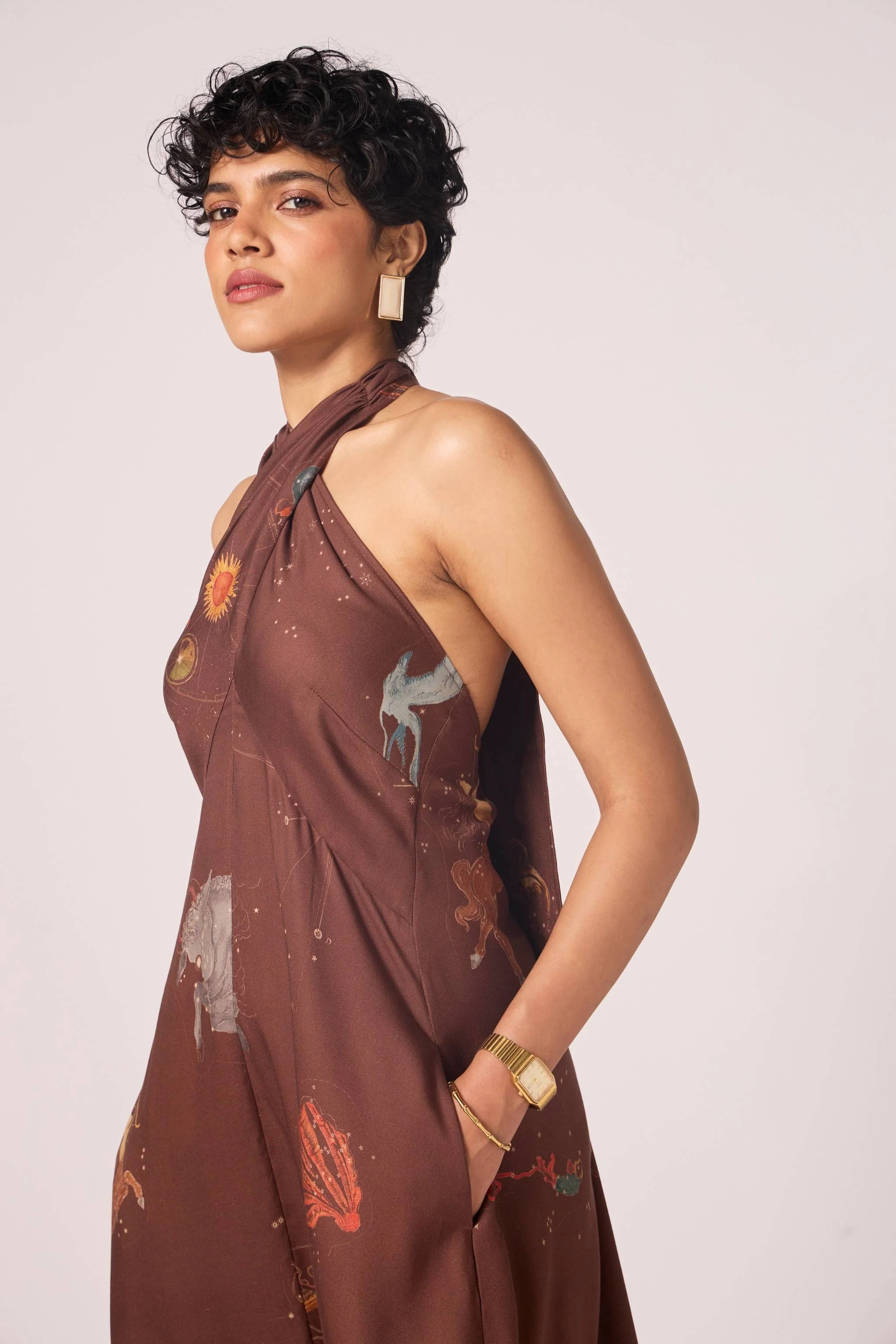 Vannam Brown Zodiac Print Halter Dress - Image 6