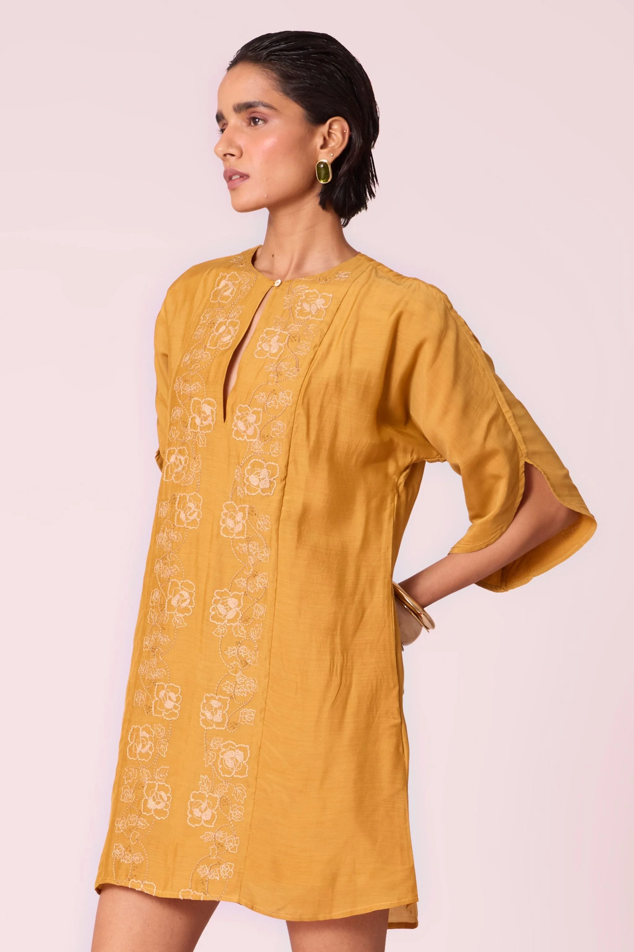 Zarah Yellow Embroidered Dress - Image 3