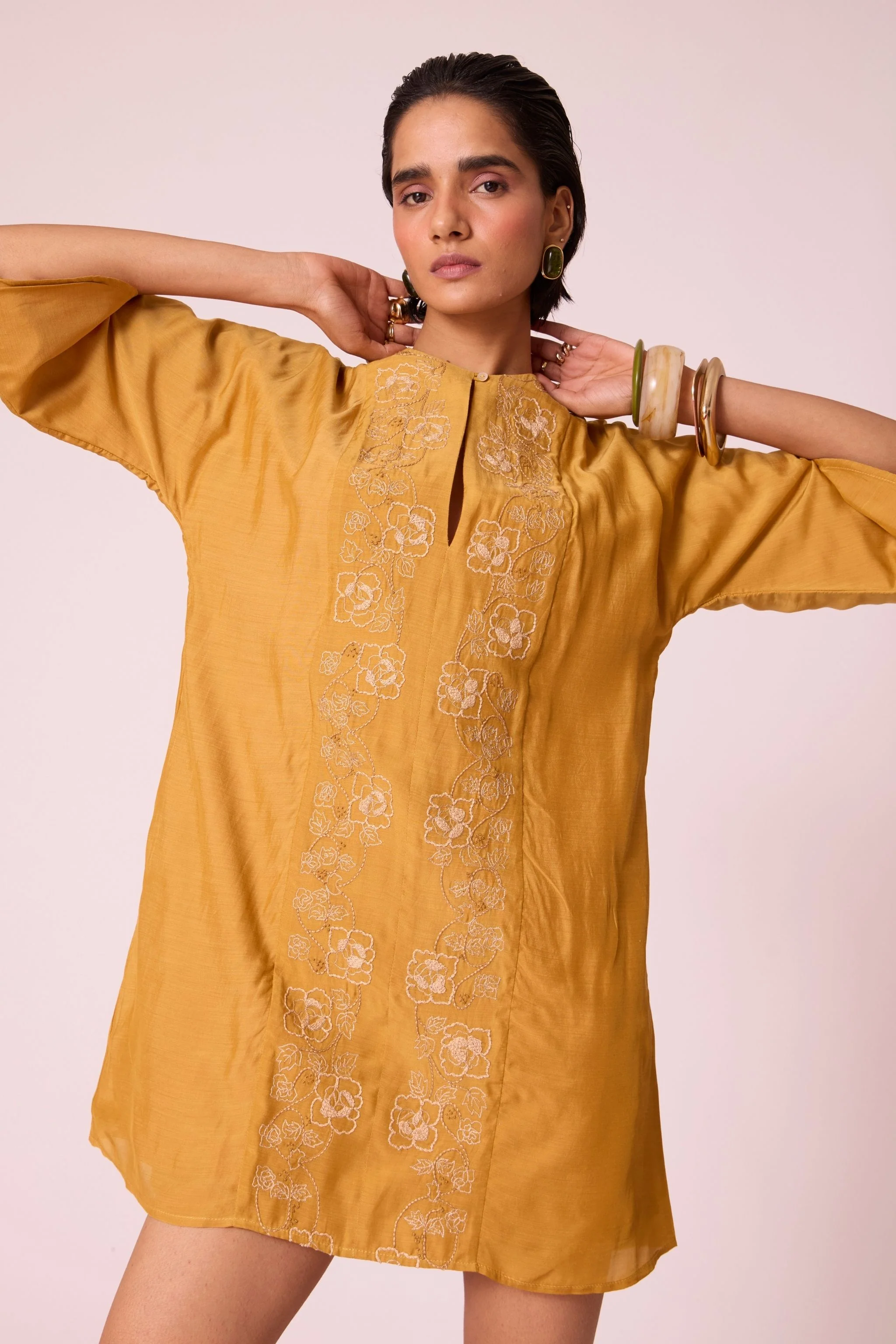 Zarah Yellow Embroidered Dress - Image 5