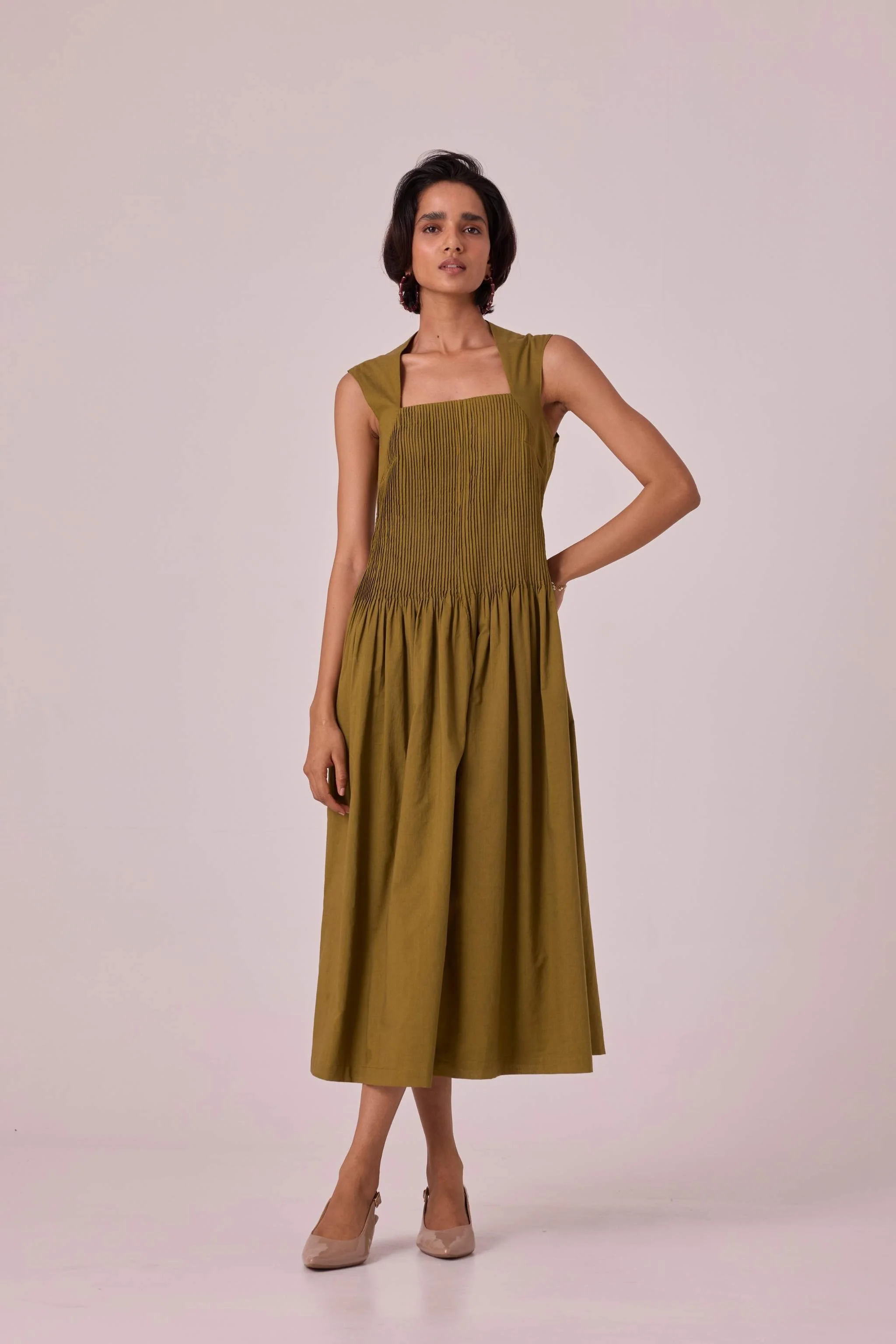 Ziva Olive Pleated Midi Dress - Image 7