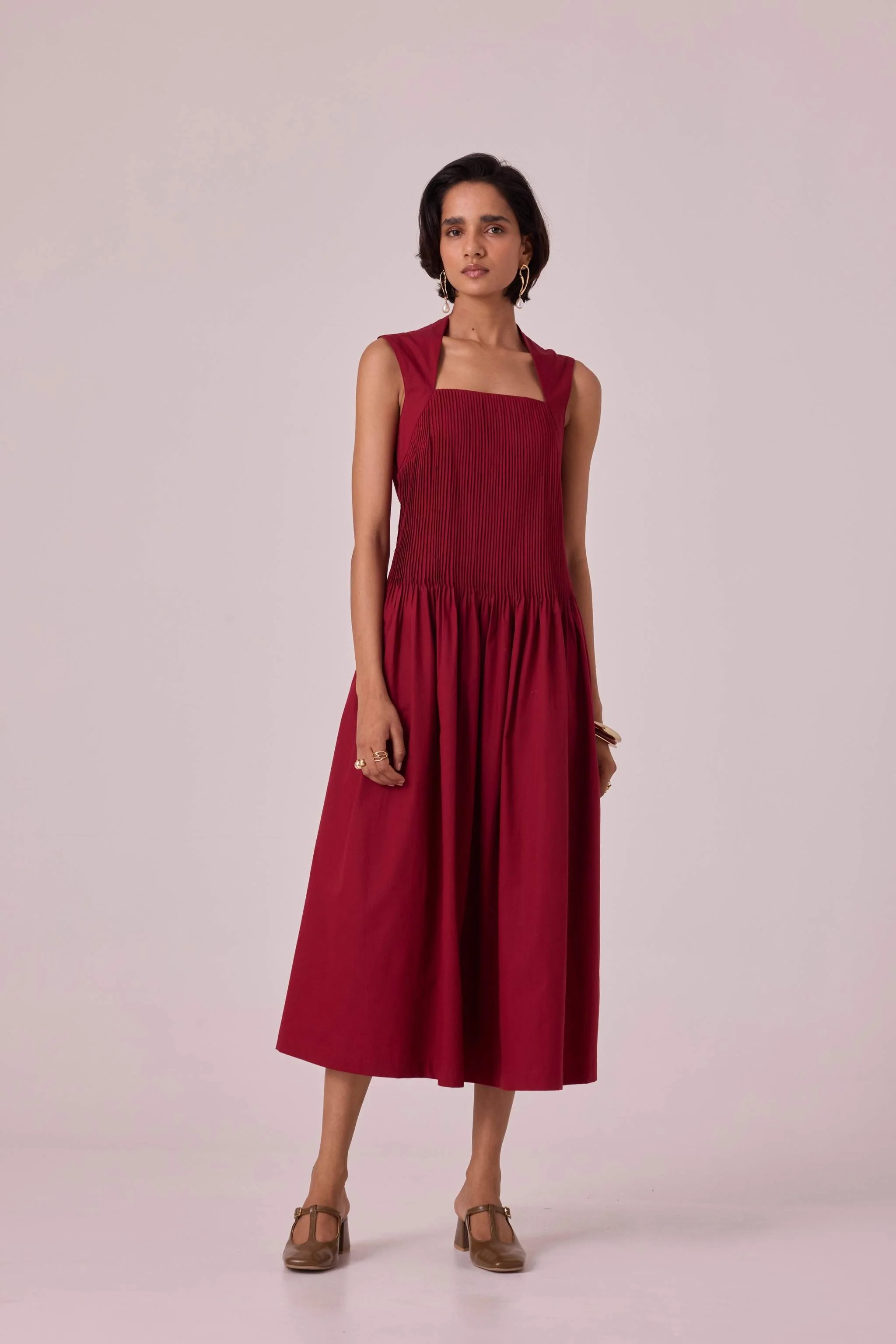 Ziva Red Pleated Midi Dress - Image 4